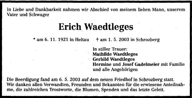 Waedtleges Erich 1921-2003 Todesanzeige